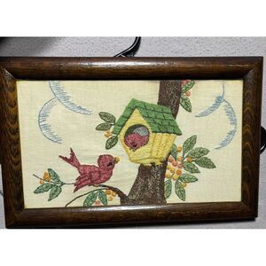 Mama & Baby Red Bird Vintage‎ 60's Wall Art Framed Embroidery Stitched 13.5 X 8"